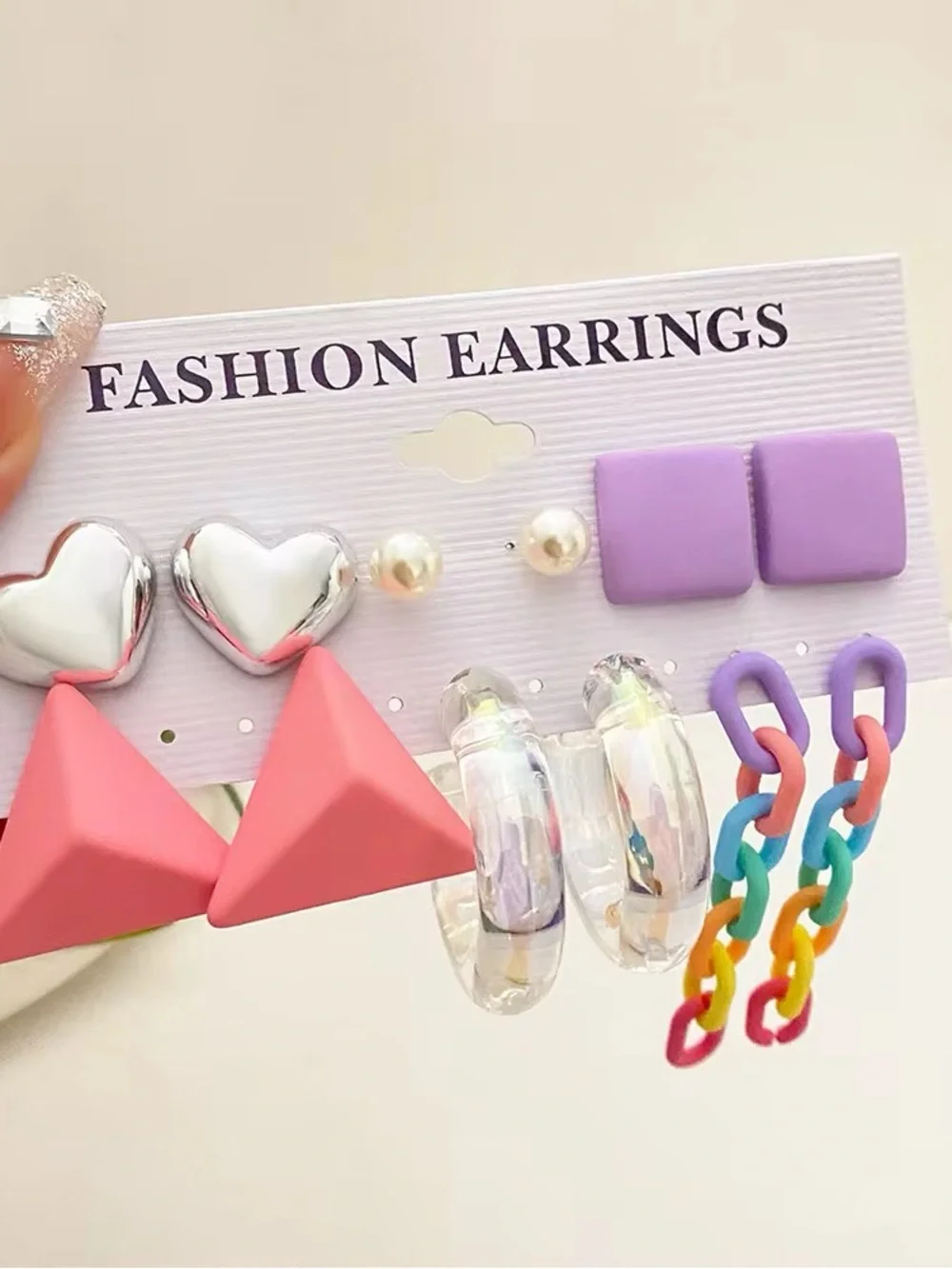 Women Multicolor Pastel Fun Earring Set - Purple, Pink, Silver, Clear, Rainbow